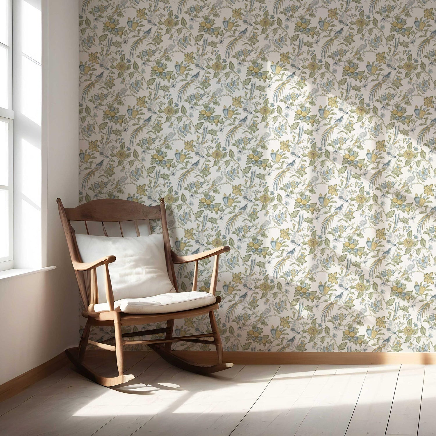 Floral/ Birds Print Nursery Wallpaper (Blue/ Green/ Yellow/ Gray)