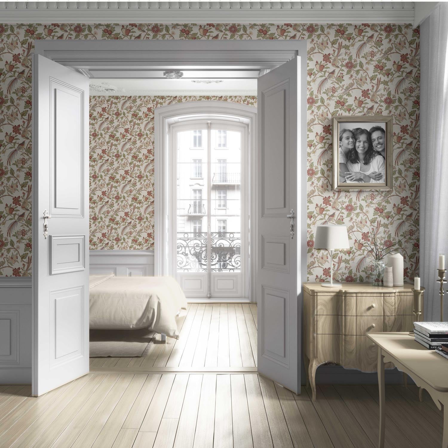 Floral/ Birds Print Living Room Wallpaper (Red/ Brown/ Green/ Beige)