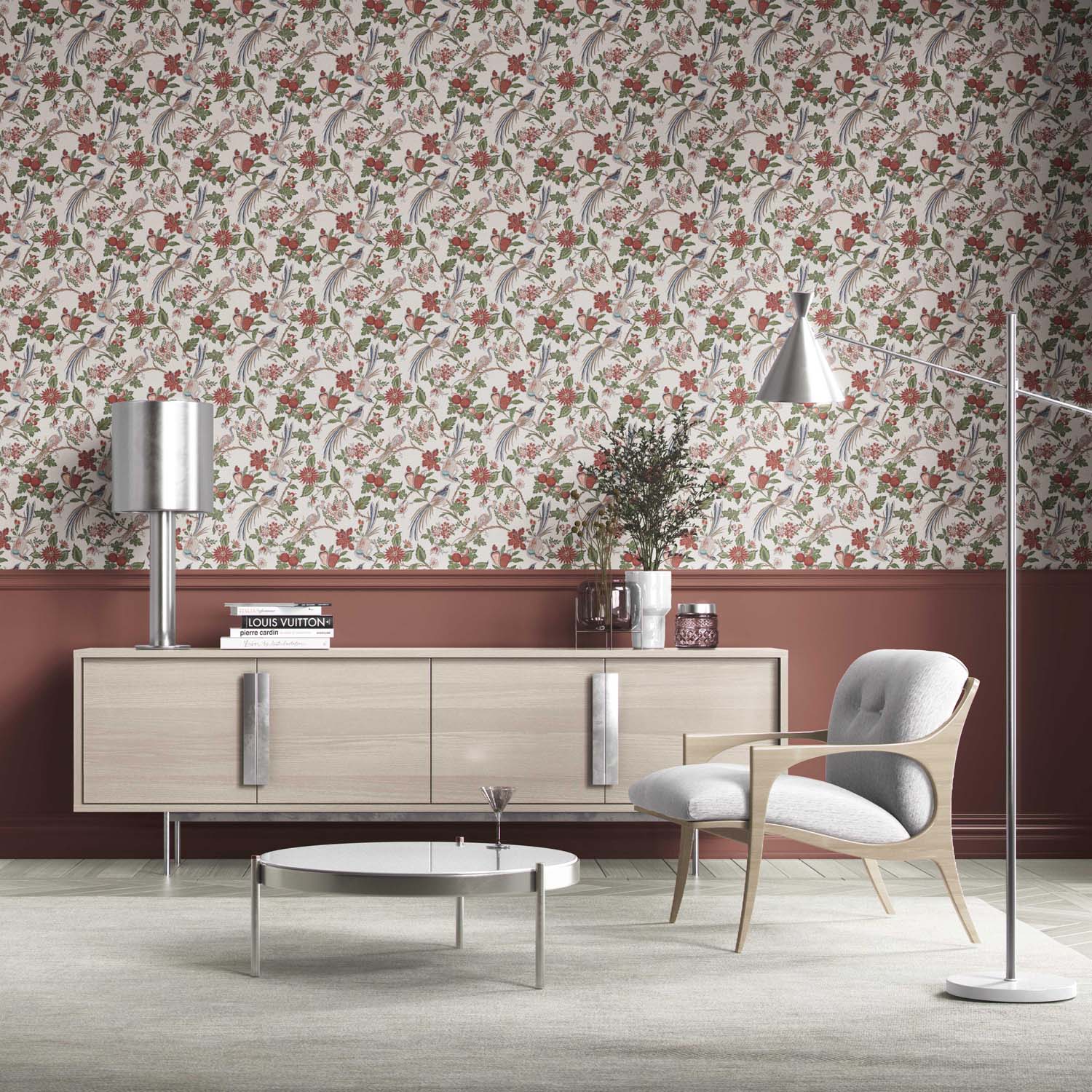 Floral/ Birds Print Kitchen Wallpaper (Deep Red/ Pink/ Green/ Gray/ Blue)
