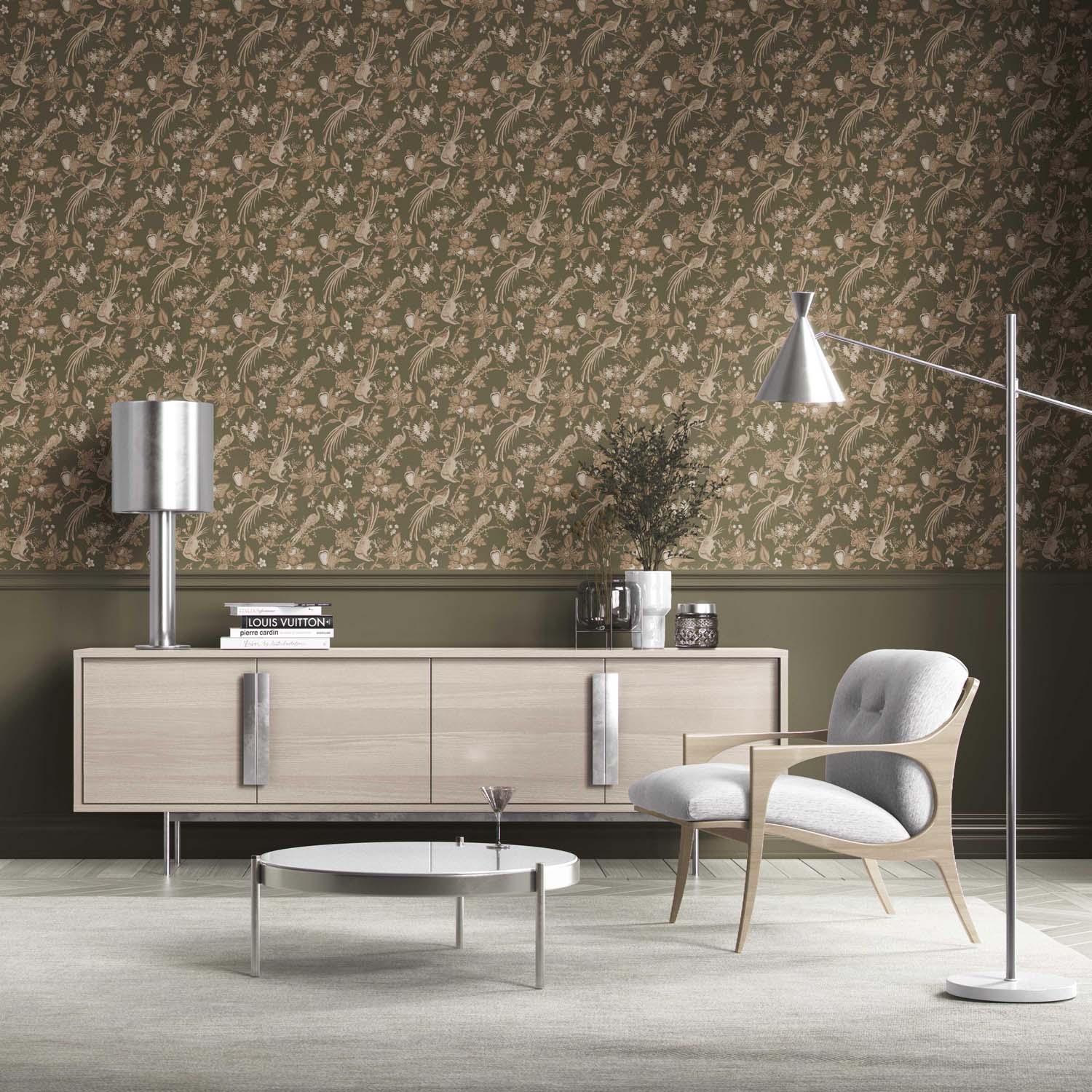 Floral/ Birds Print Kitchen Wallpaper (Olive Green/ Beige)