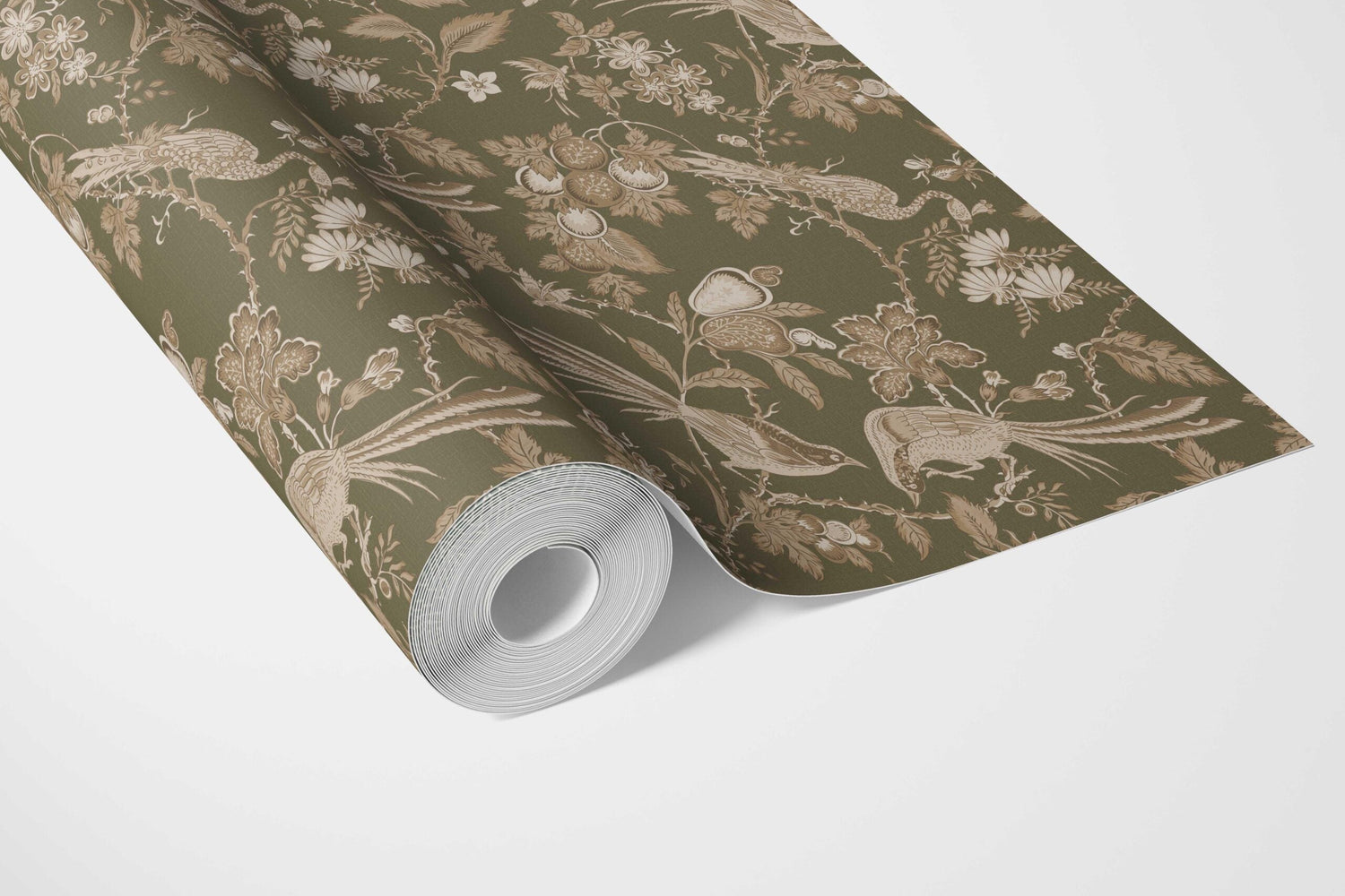 Floral/ Birds Print Bathroom Wallpaper (Olive Green/ Beige)