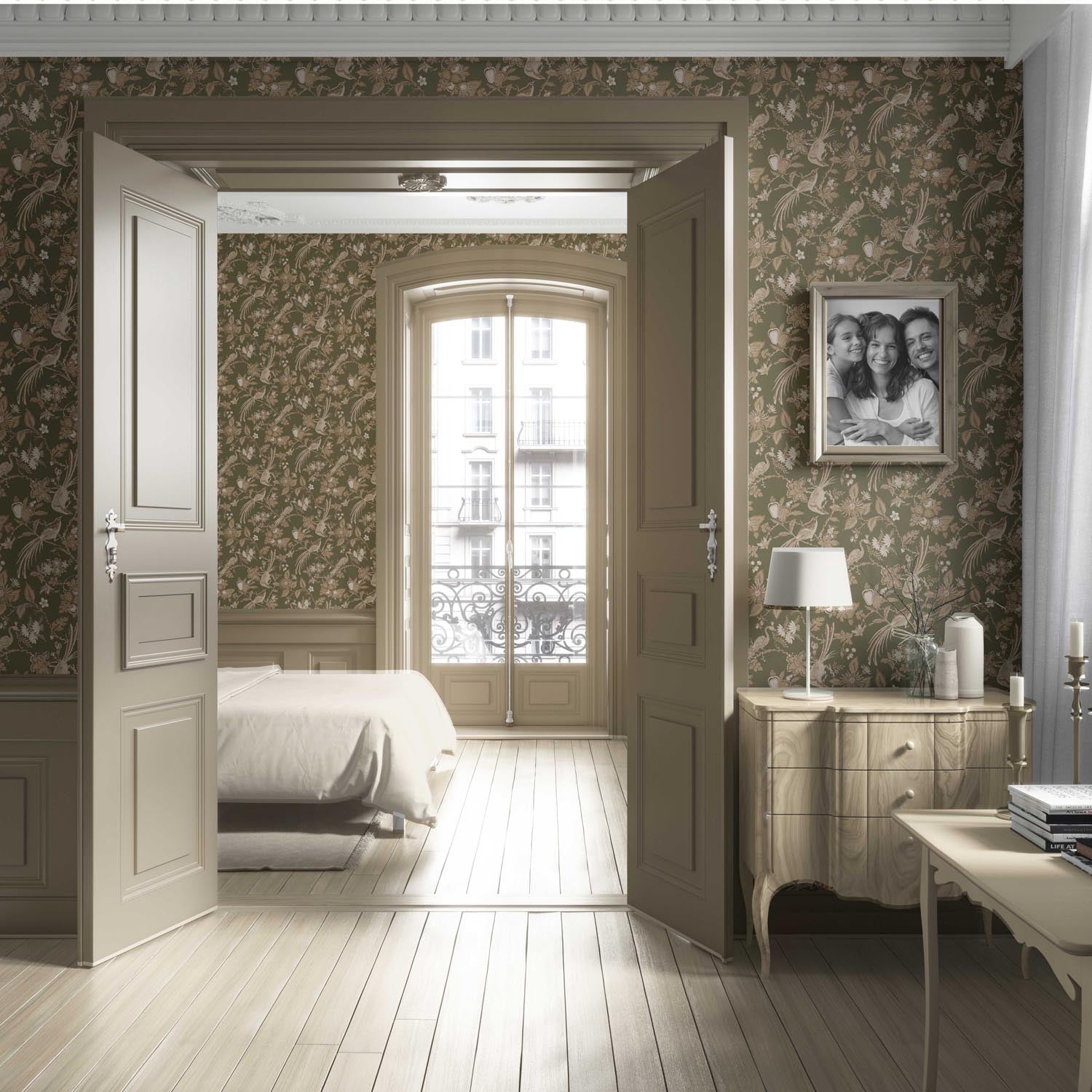 Floral/ Birds Print Living Room Wallpaper (Olive Green/ Beige)