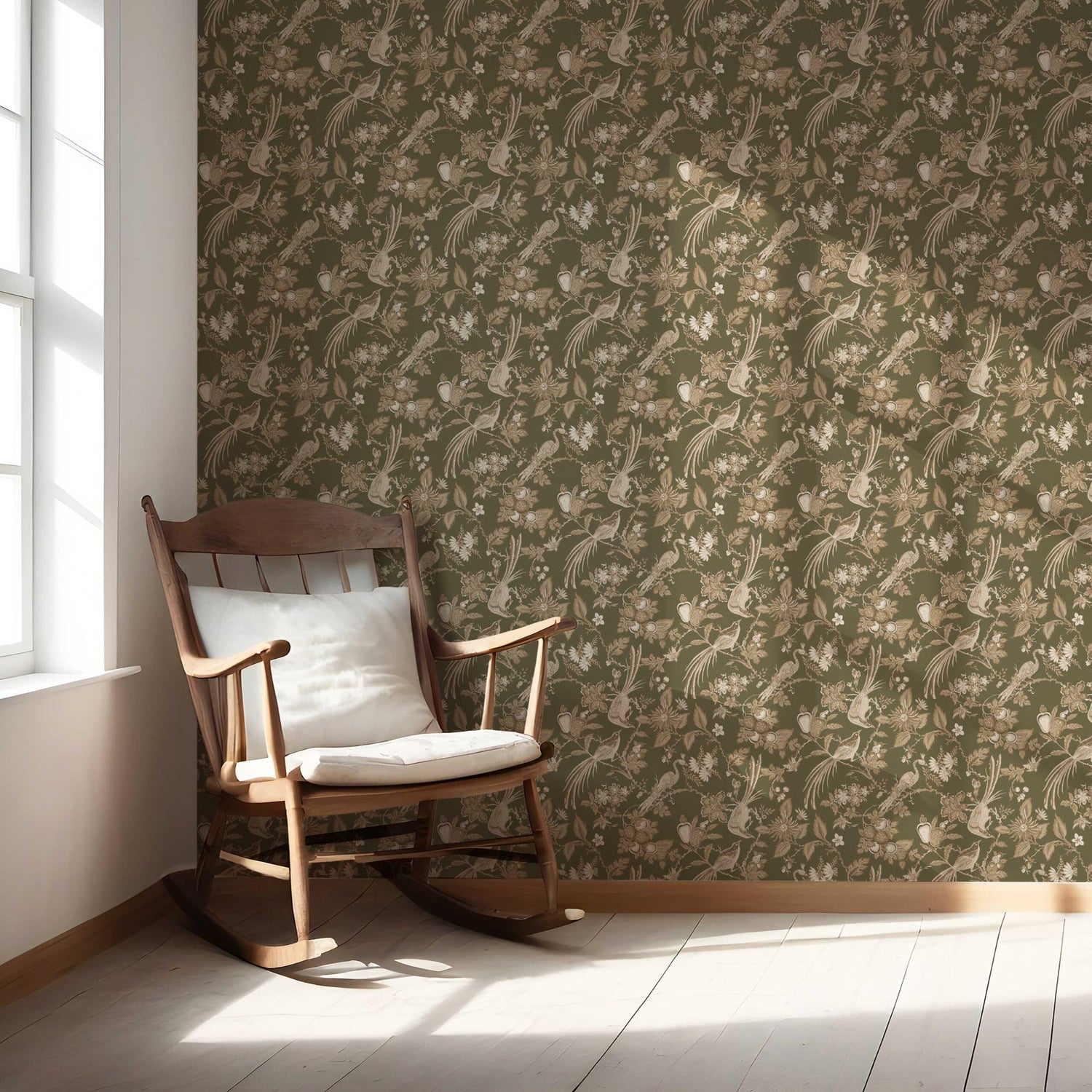 Floral/ Birds Print Nursery Wallpaper (Olive Green/ Beige)