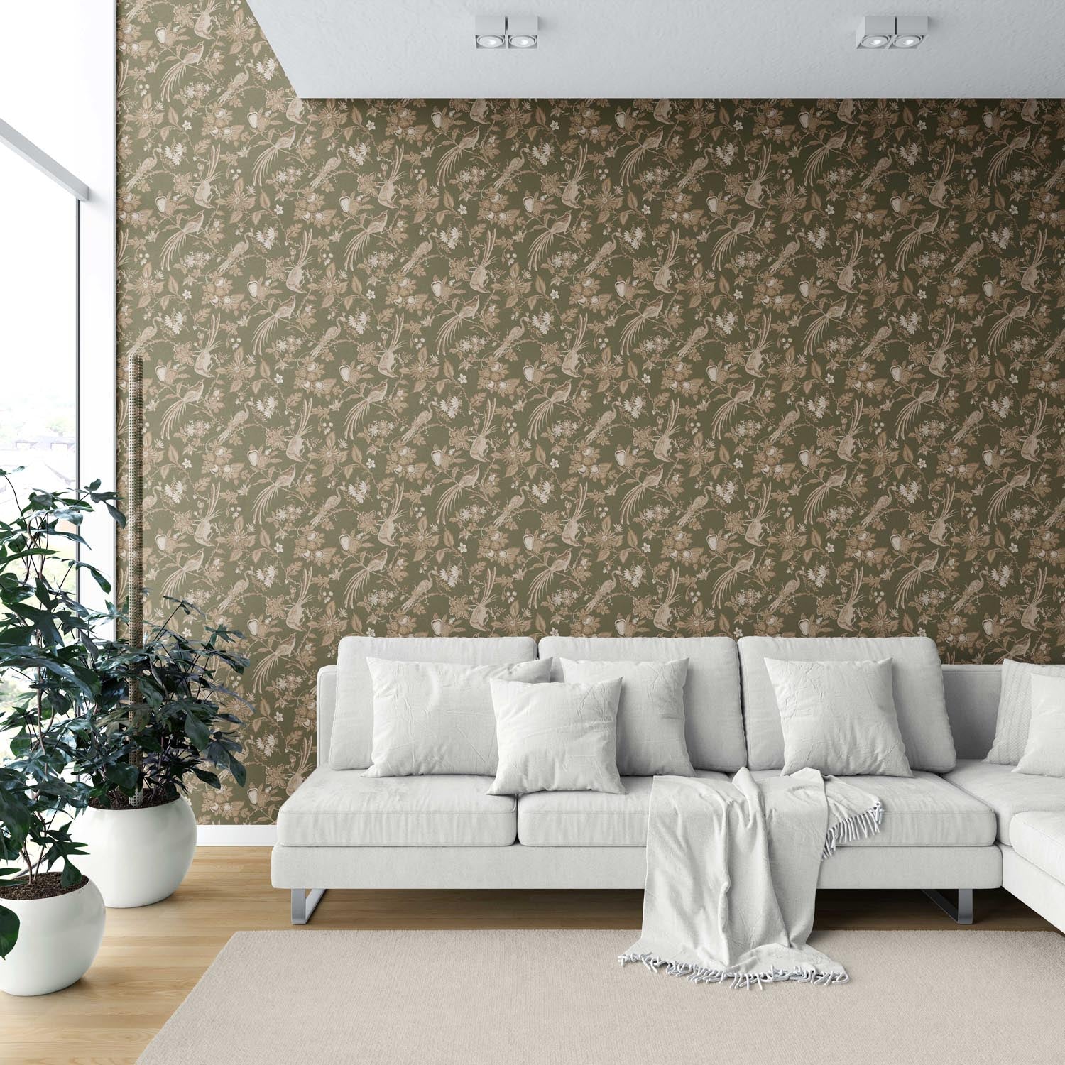 Floral/ Birds Print Shower Toilet Wallpaper (Olive Green/ Beige)