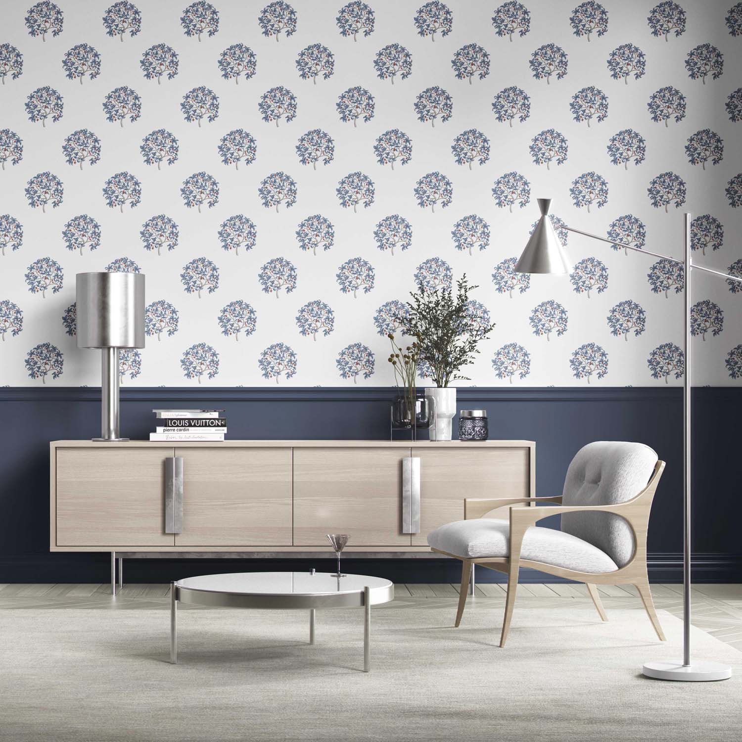 Floral Block Print Kitchen Wallpaper (Navy Blue/ Red)