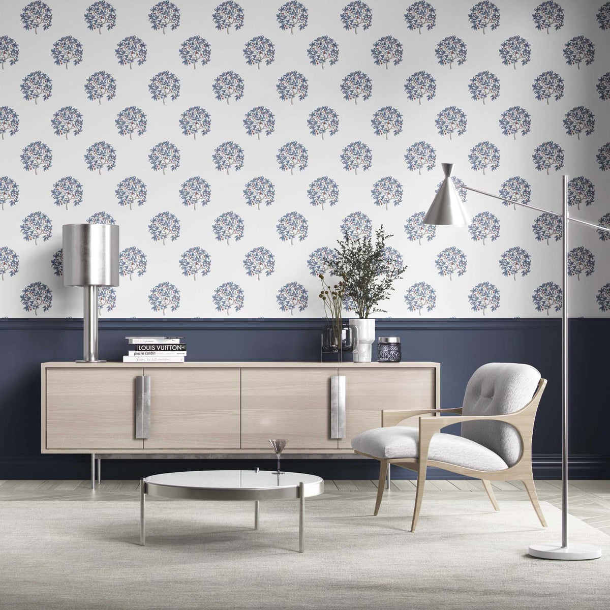 Floral Block Print Kitchen Wallpaper (Navy Blue/ Red)