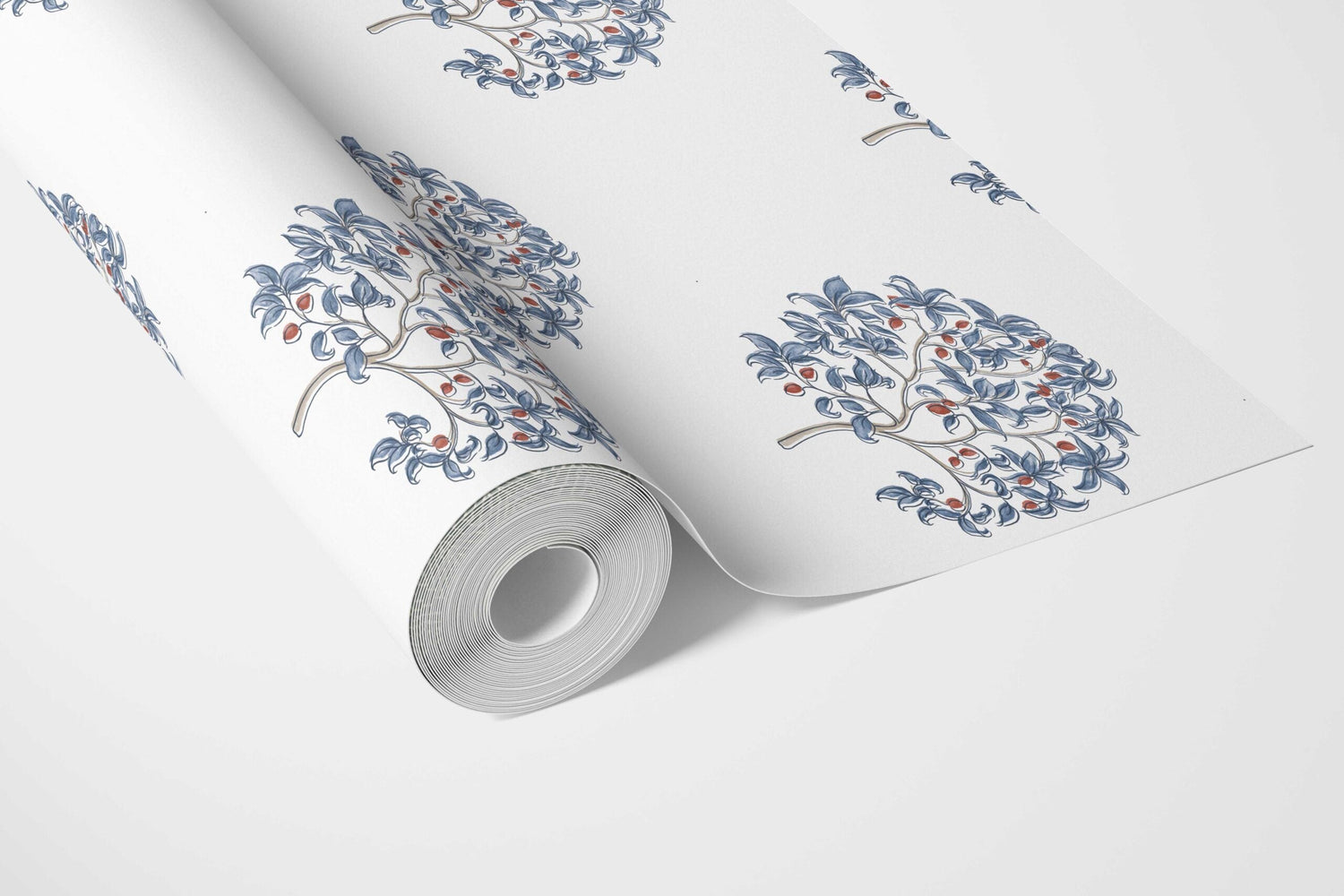 Floral Block Print Bathroom Wallpaper (Navy Blue/ Red)