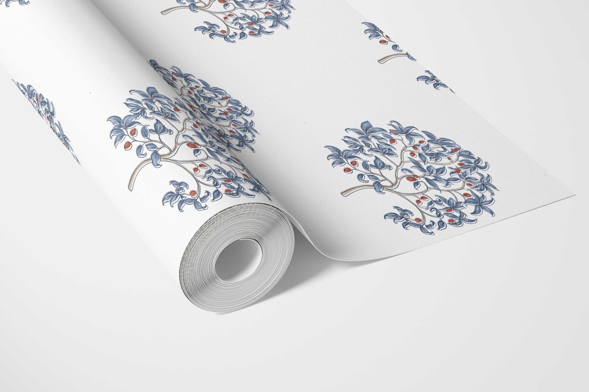 Floral Block Print Bathroom Wallpaper (Navy Blue/ Red)