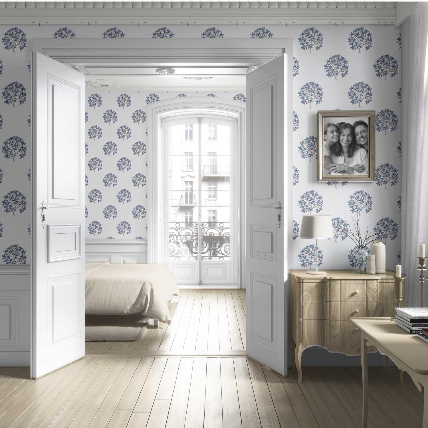 Floral Block Print Living Room Wallpaper (Navy Blue/ Red)