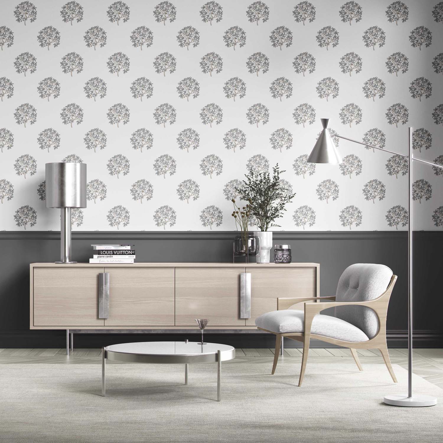 Neutral Floral Block Print Kitchen Wallpaper (Gray/ Brown)