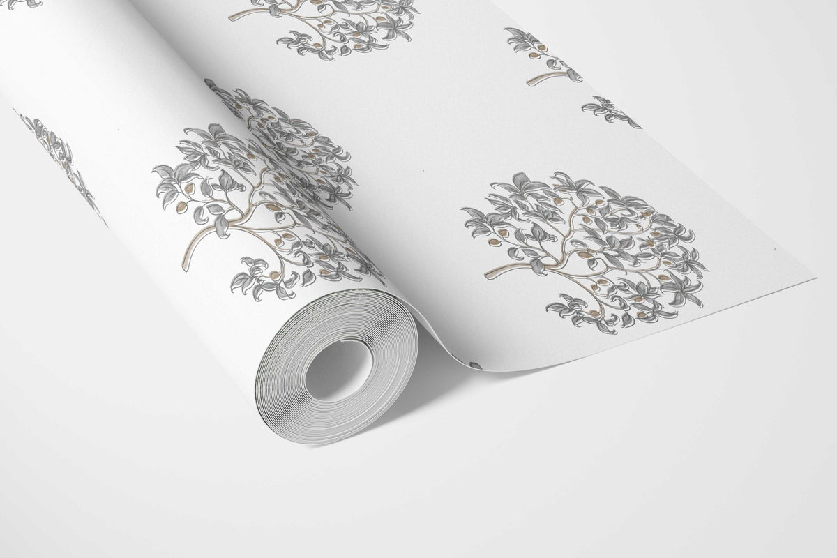 Neutral Floral Block Print Bathroom Wallpaper (Gray/ Brown)