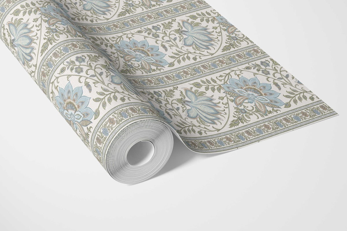 Vintage Floral Striped/ Botanical Bathroom Wallpaper (Blue/ Green/ Sage Gray)