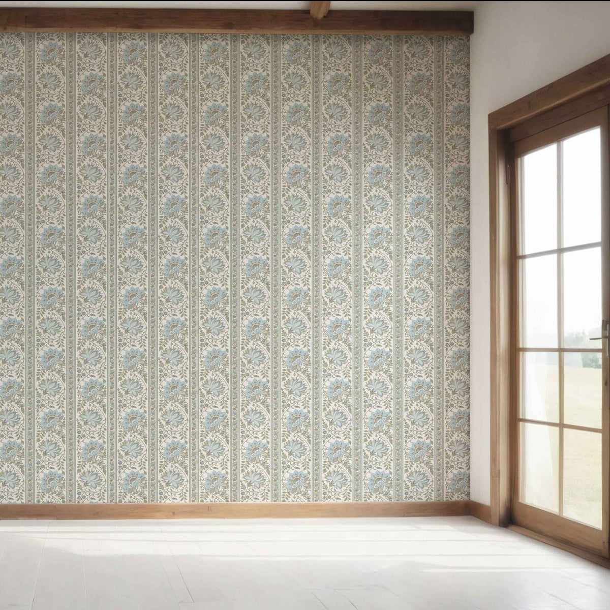 Vintage Floral Striped/ Botanical Bedroom Wallpaper (Blue/ Green/ Sage Gray)