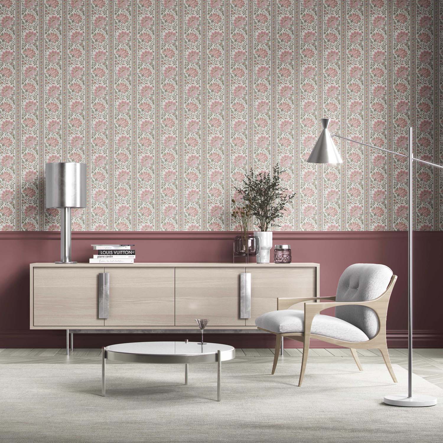 Vintage Floral Striped/ Botanical Kitchen Wallpaper (Pink/ Green)