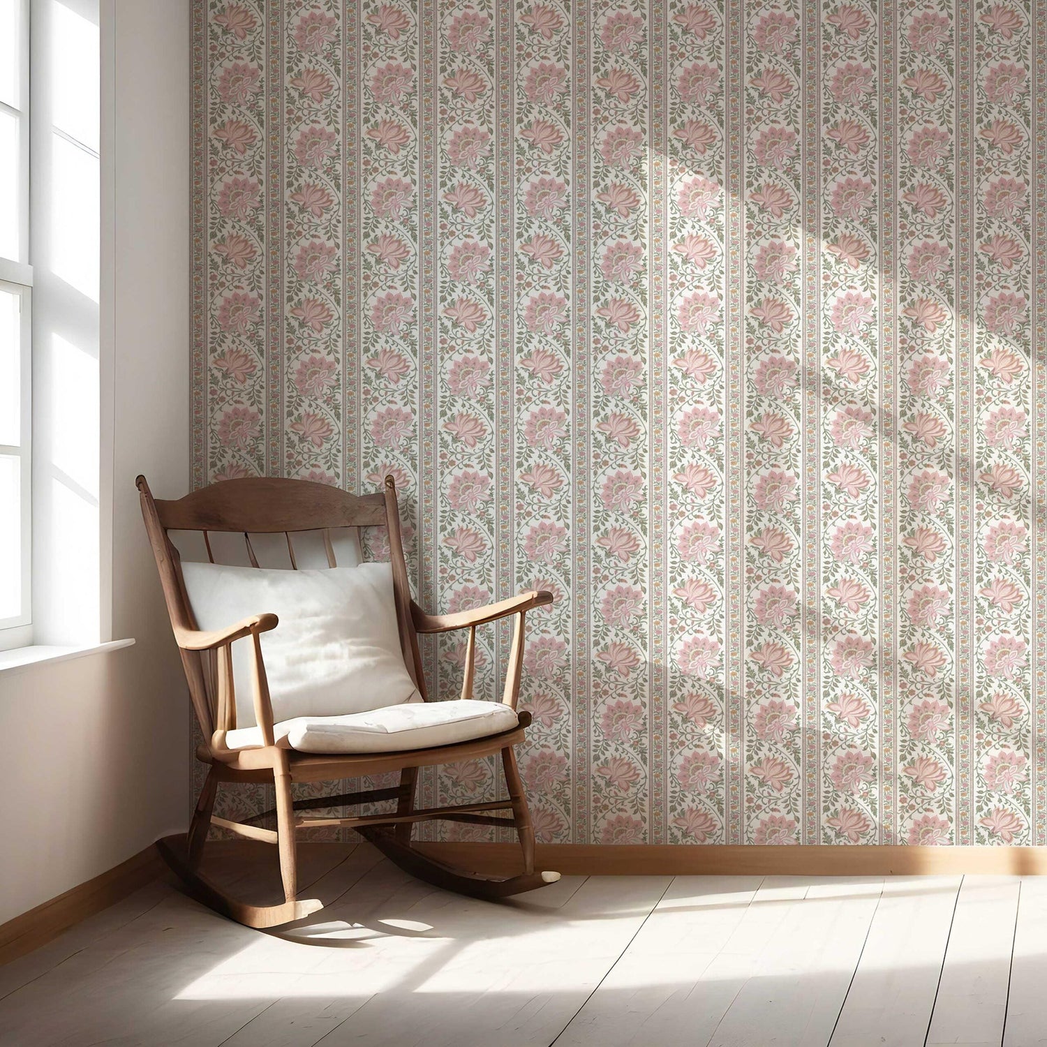 Vintage Floral Striped/ Botanical Nursery Wallpaper (Pink/ Green)