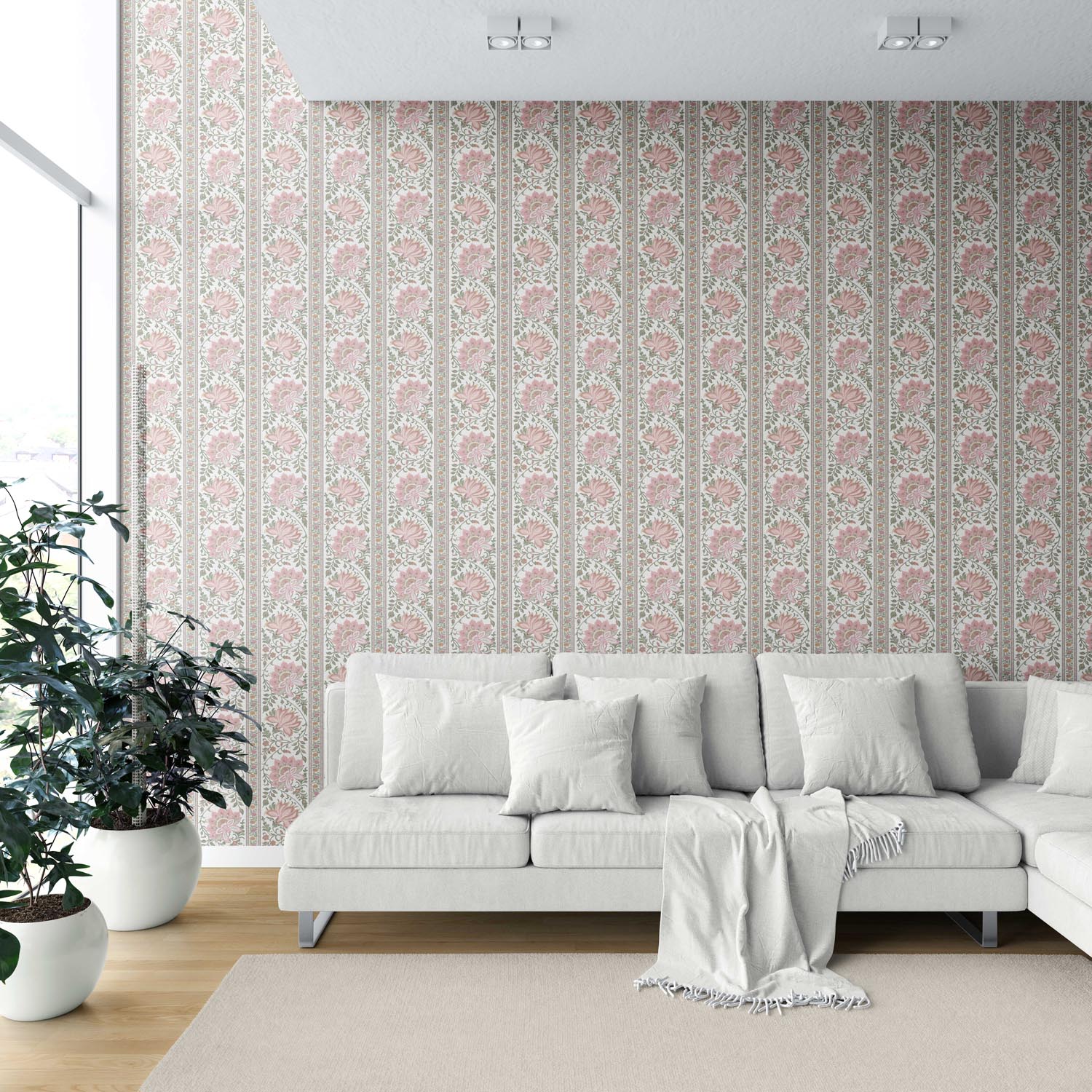 Vintage Floral Striped/ Botanical Shower Toilet Wallpaper (Pink/ Green)