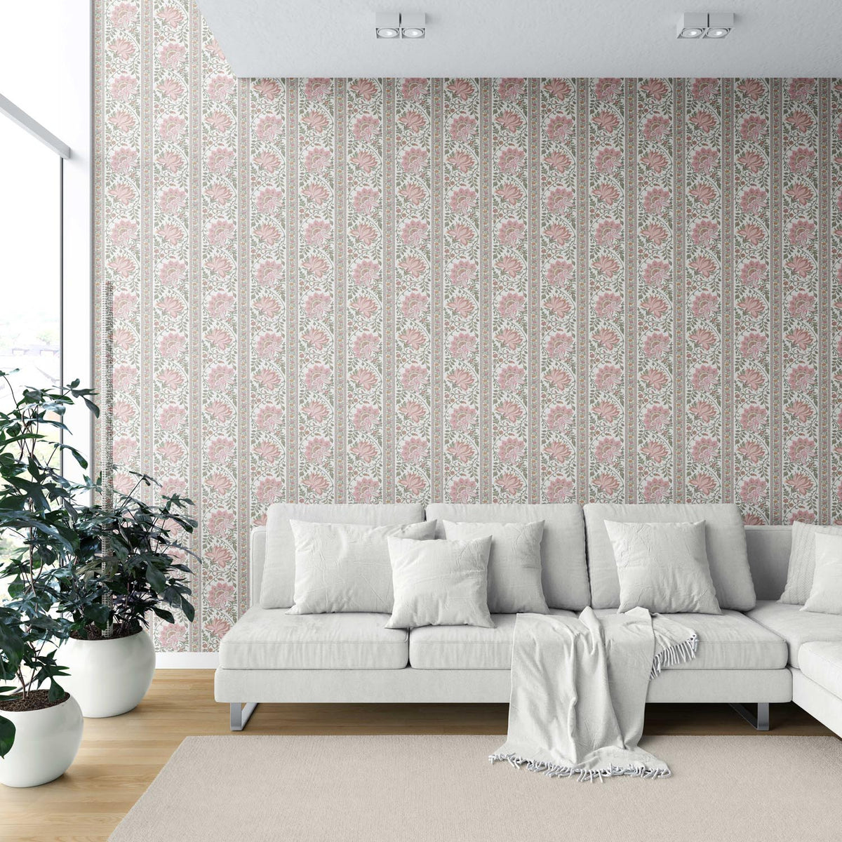 Vintage Floral Striped/ Botanical Shower Toilet Wallpaper (Pink/ Green)