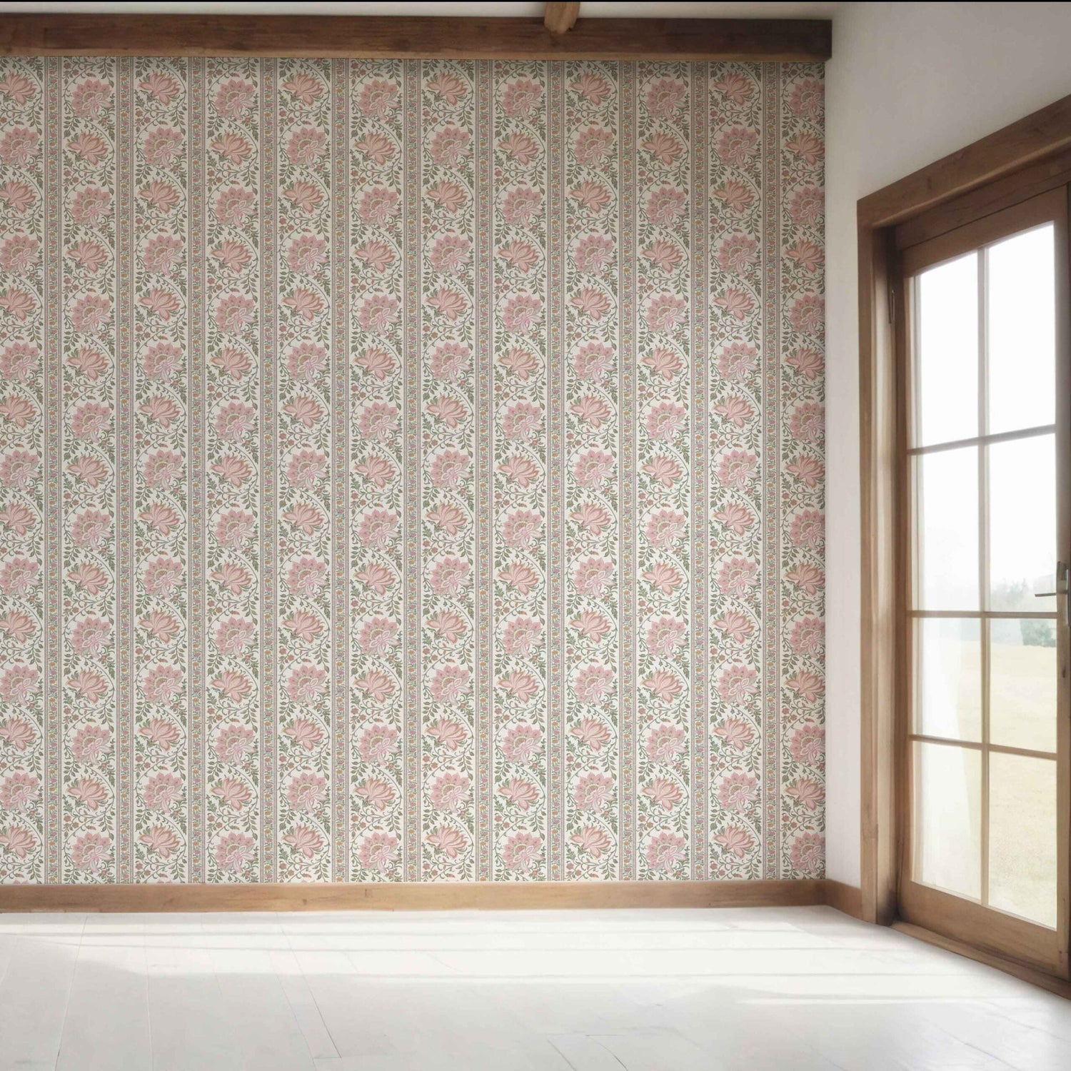 Vintage Floral Striped/ Botanical Bedroom Wallpaper (Pink/ Green)