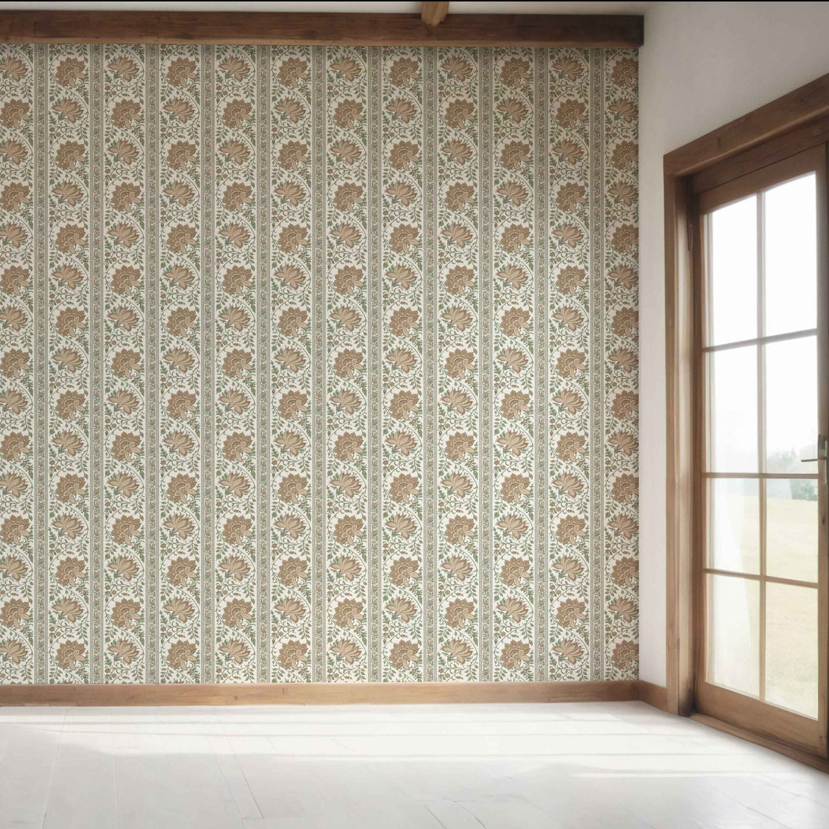 Vintage Floral Striped/ Botanical Bedroom Wallpaper (Brown/ Green)