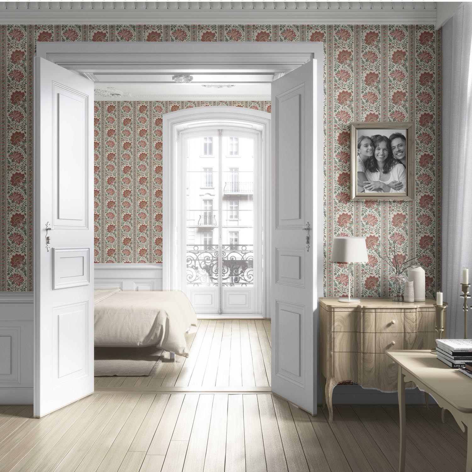 Vintage Floral Striped/ Botanical Living Room Wallpaper (Red/ Green)
