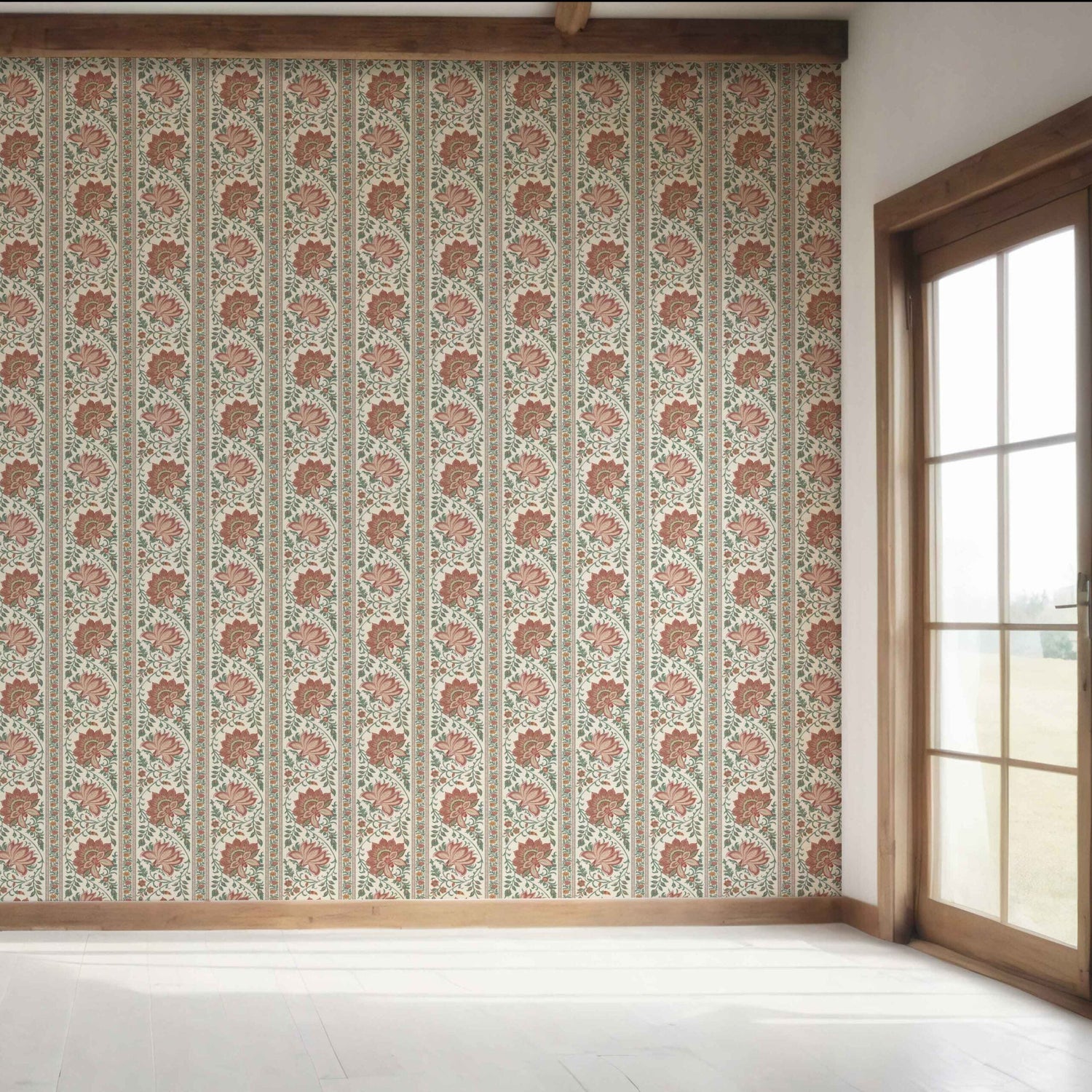 Vintage Floral Striped/ Botanical Bedroom Wallpaper (Red/ Green)