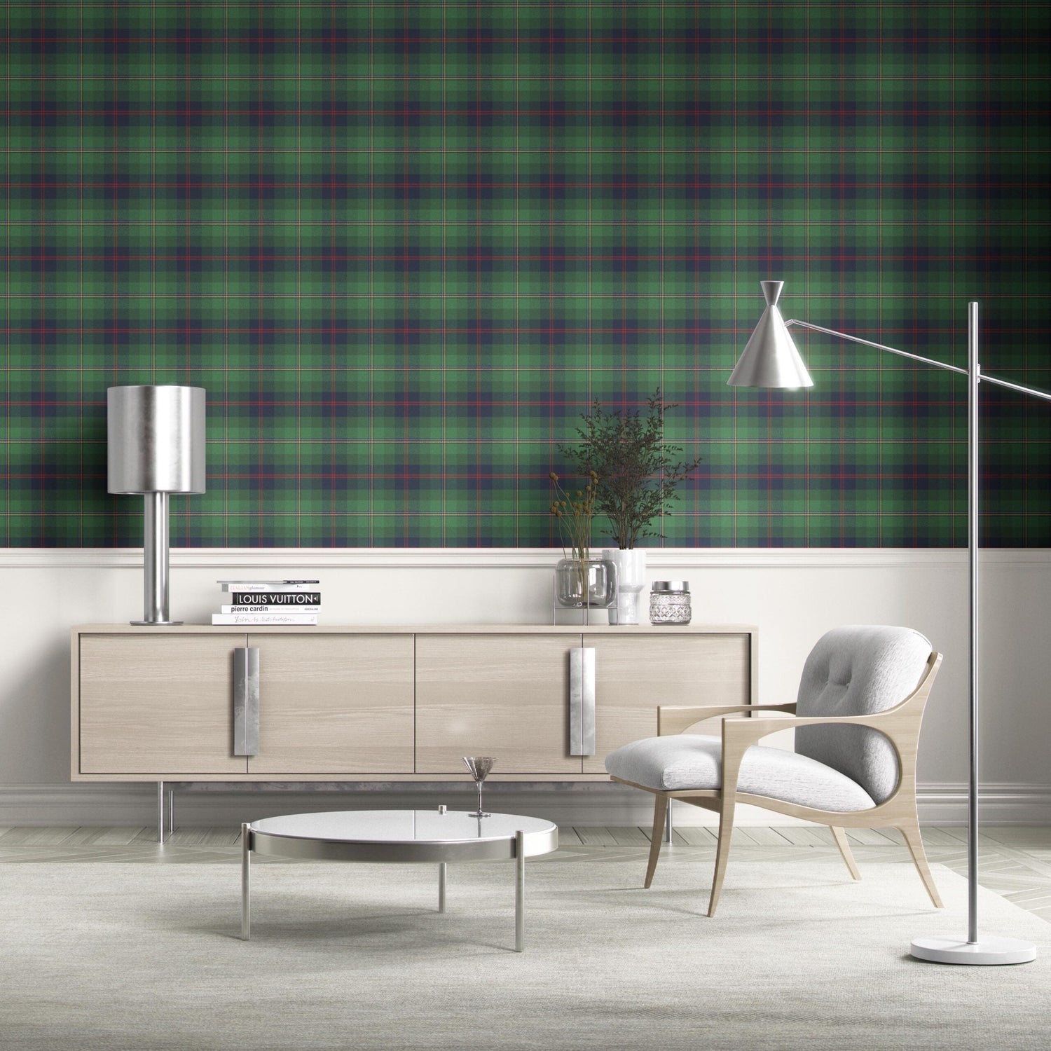 Geometric Plaid Checkered Kitchen Wallpaper (Green/ Navy Blue/ Red/ Yellow)