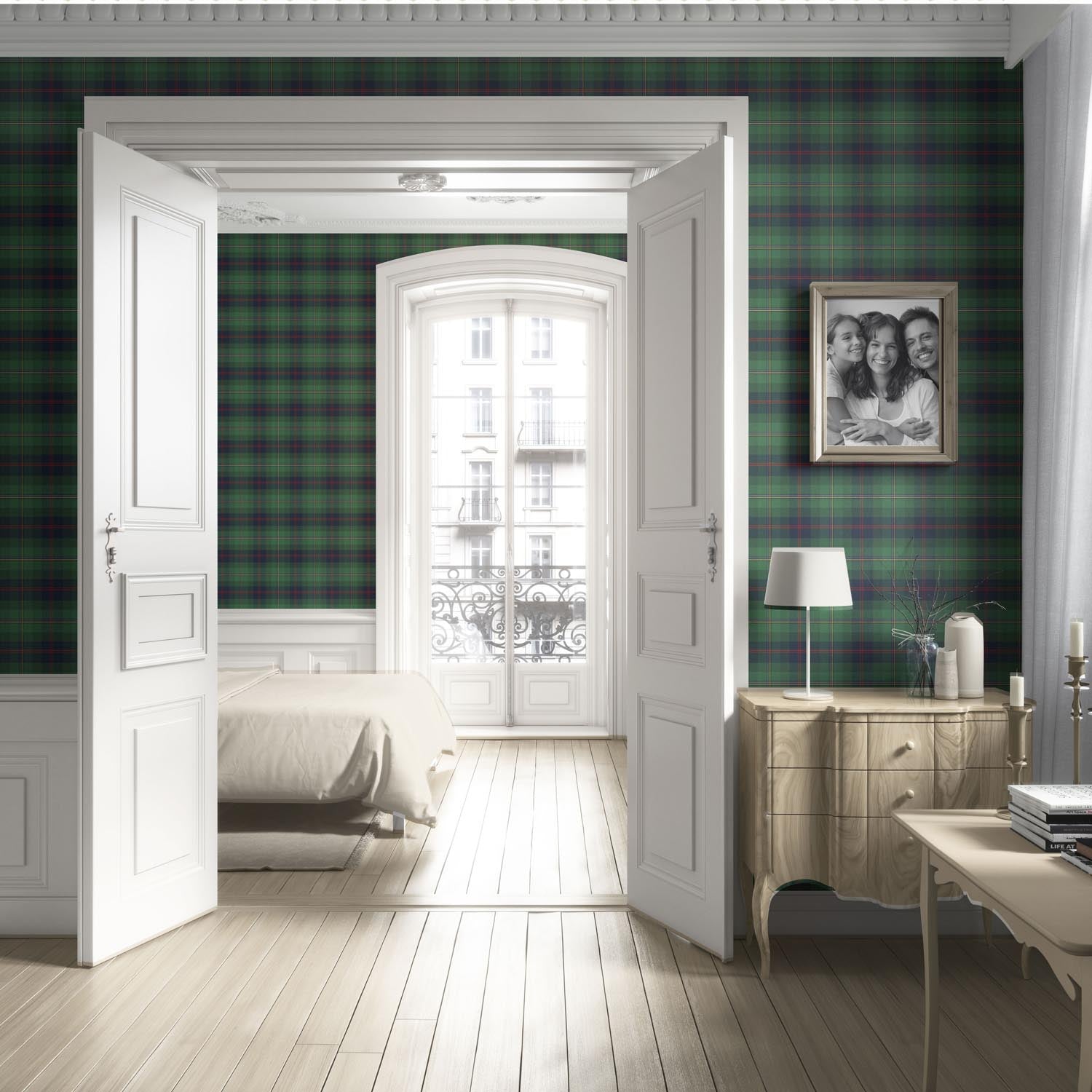 Geometric Plaid Checkered Living Room Wallpaper (Green/ Navy Blue/ Red/ Yellow)