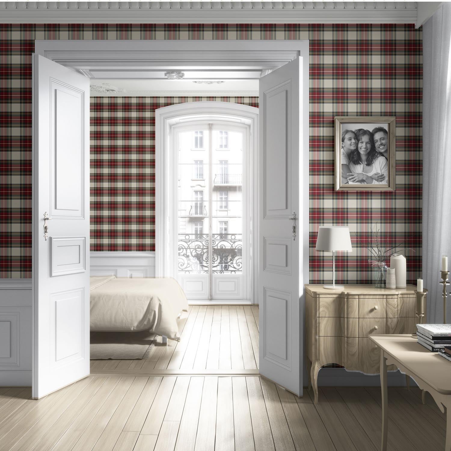 Geometric Plaid Checkered Living Room Wallpaper (Red/ Cream/ Green/ Yellow)