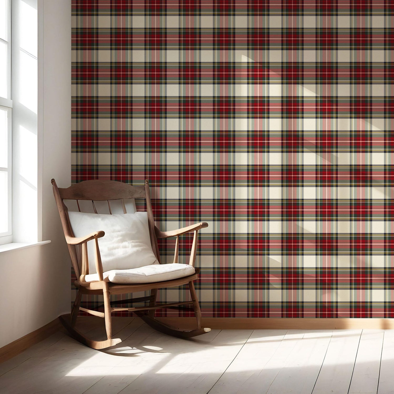 Geometric Plaid Checkered Nursery Wallpaper (Red/ Cream/ Green/ Yellow)