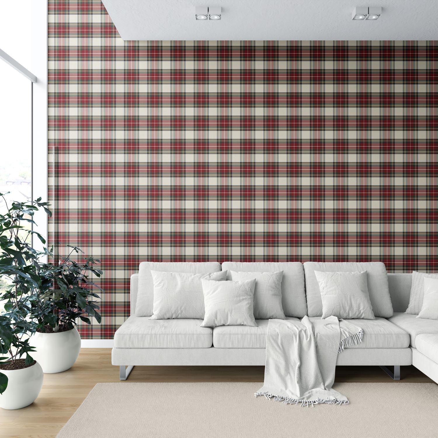 Geometric Plaid Checkered Shower Toilet Wallpaper (Red/ Cream/ Green/ Yellow)