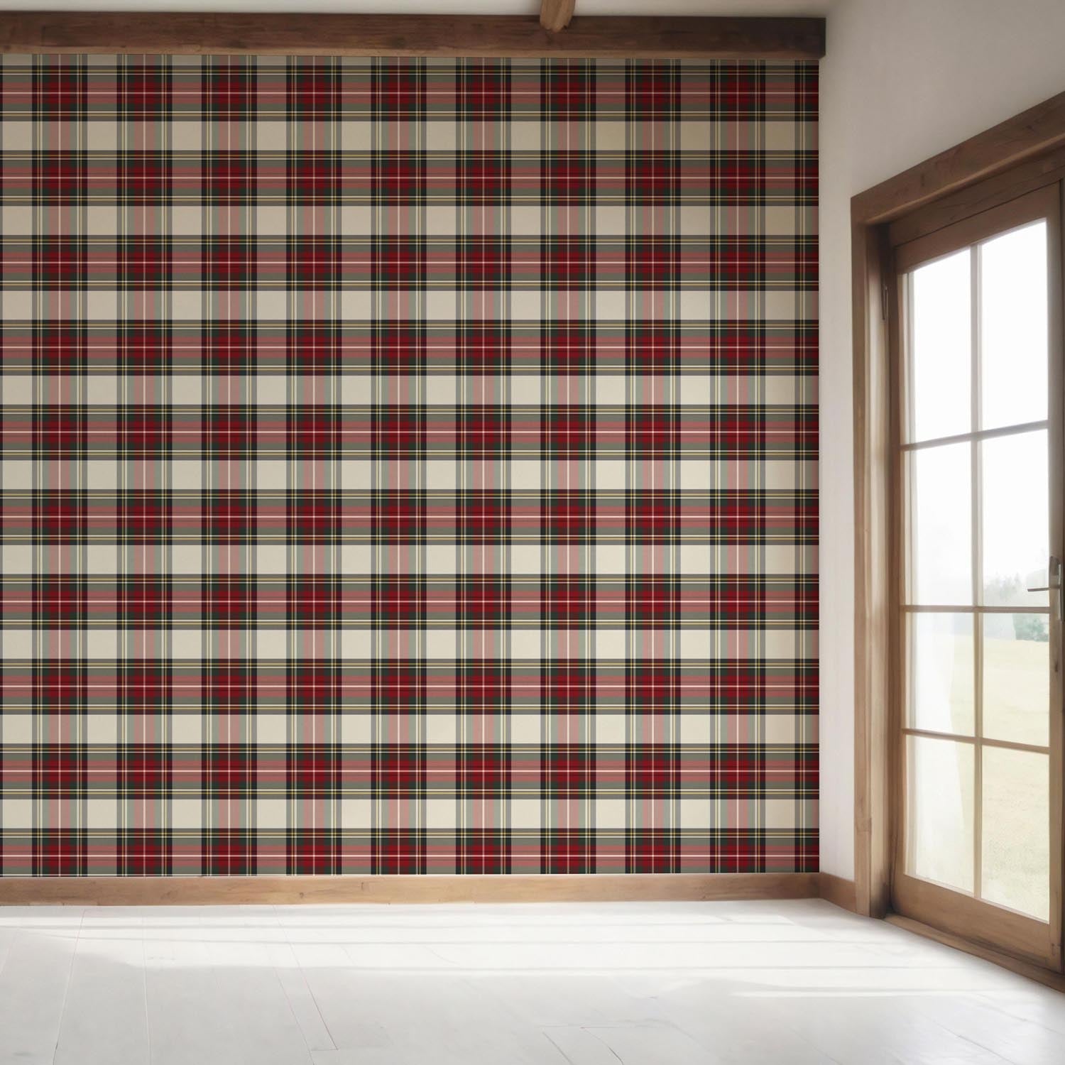 Geometric Plaid Checkered Bedroom Wallpaper (Red/ Cream/ Green/ Yellow)