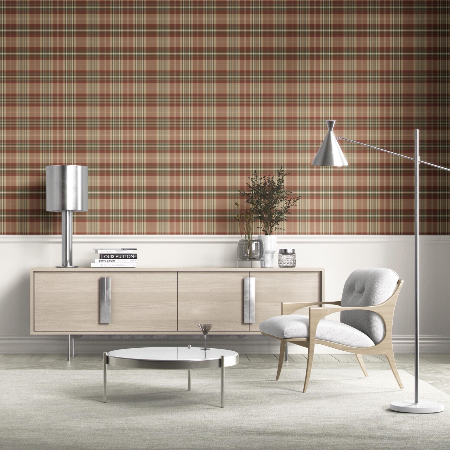 Geometric Plaid Checkered Kitchen Wallpaper (Red/ Brown/ Beige/ Green)