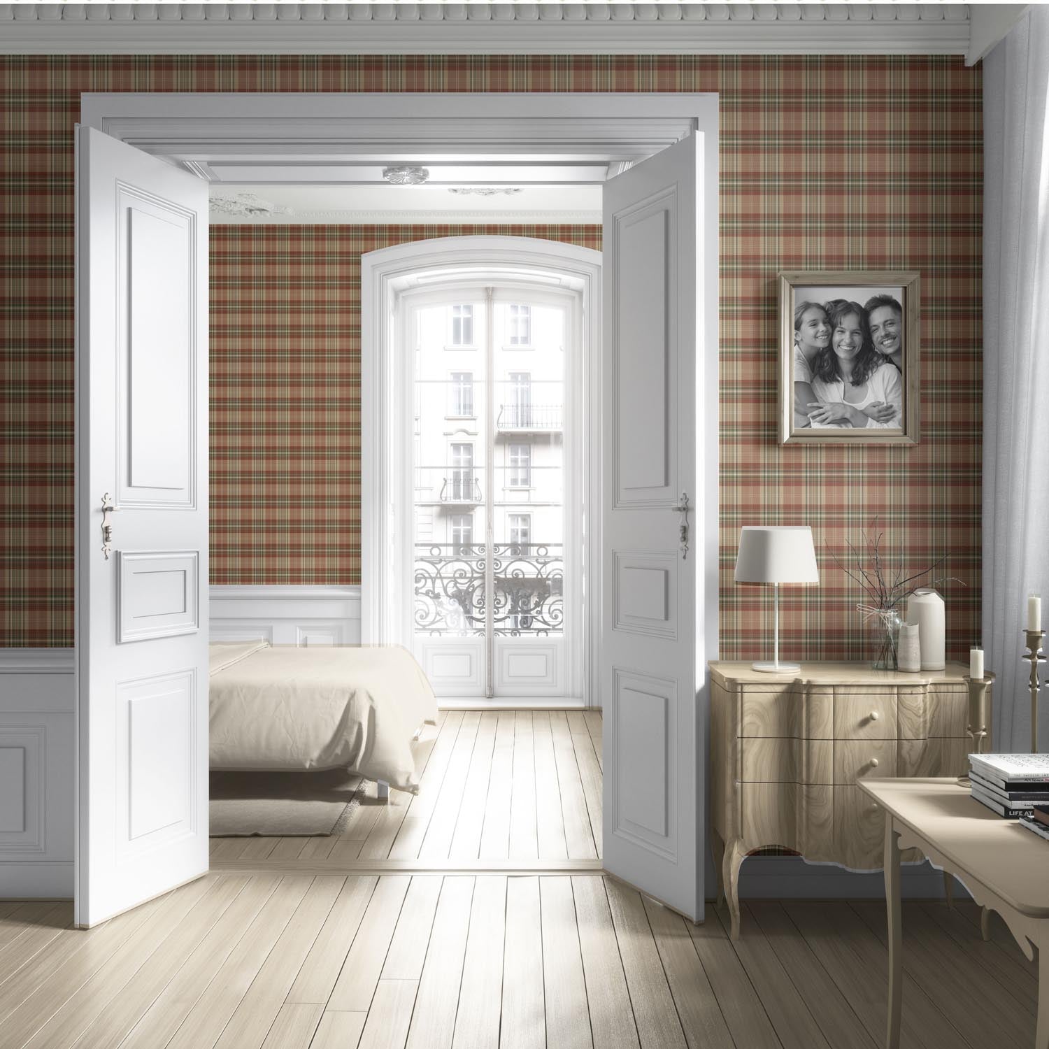 Geometric Plaid Checkered Living Room Wallpaper (Red/ Brown/ Beige/ Green)