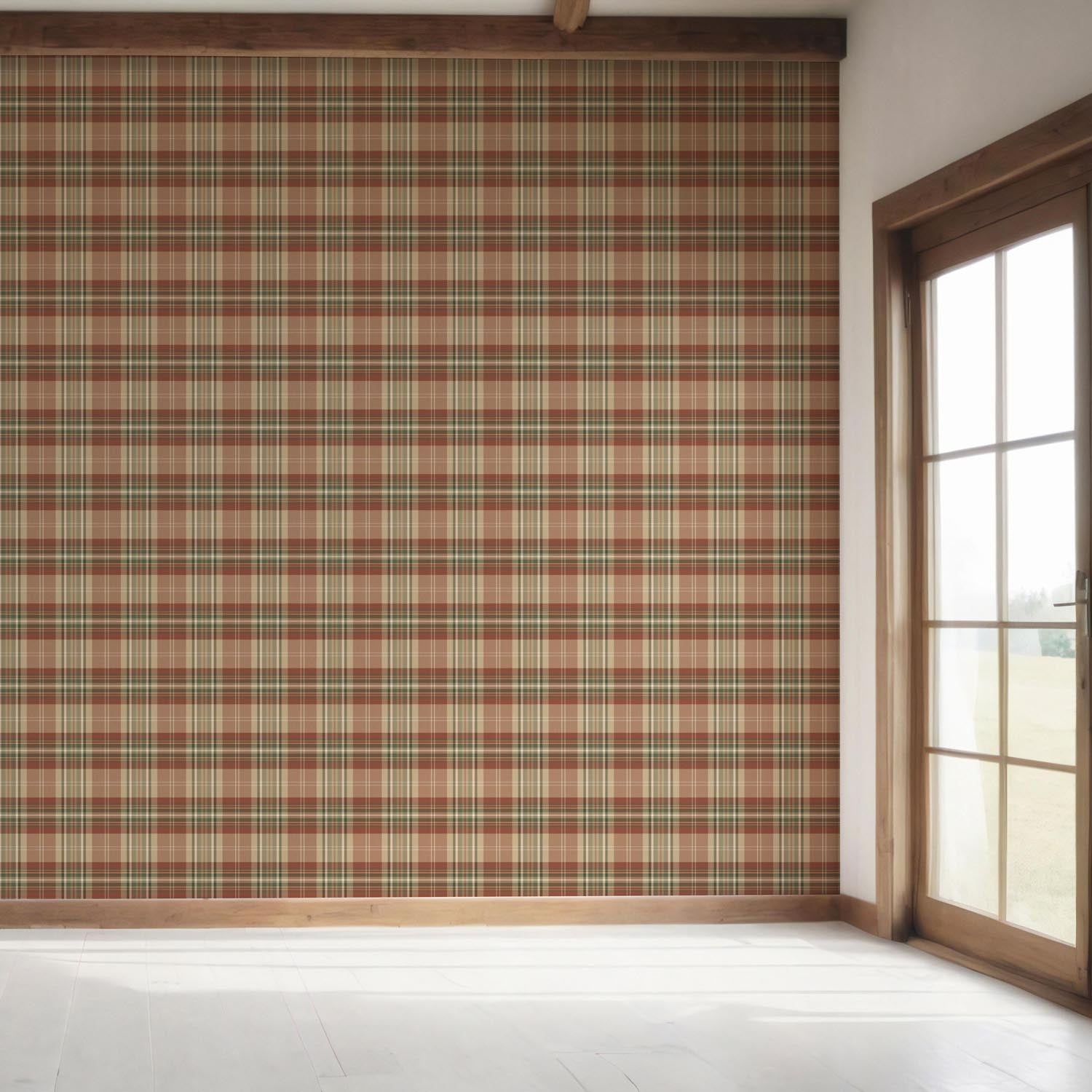 Geometric Plaid Checkered Bedroom Wallpaper (Red/ Brown/ Beige/ Green)