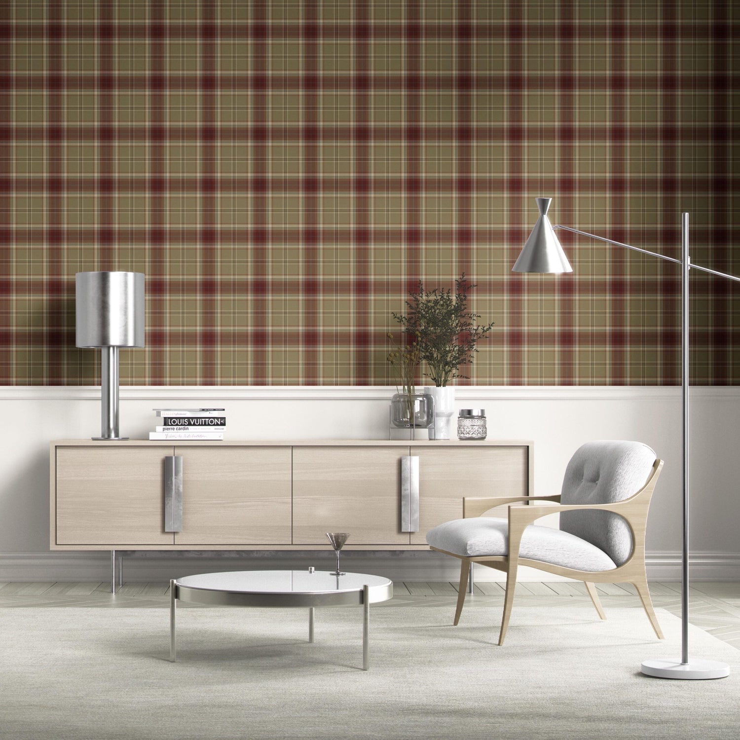 Geometric Plaid Checkered Kitchen Wallpaper (Olive Green/ Brown/ Red)