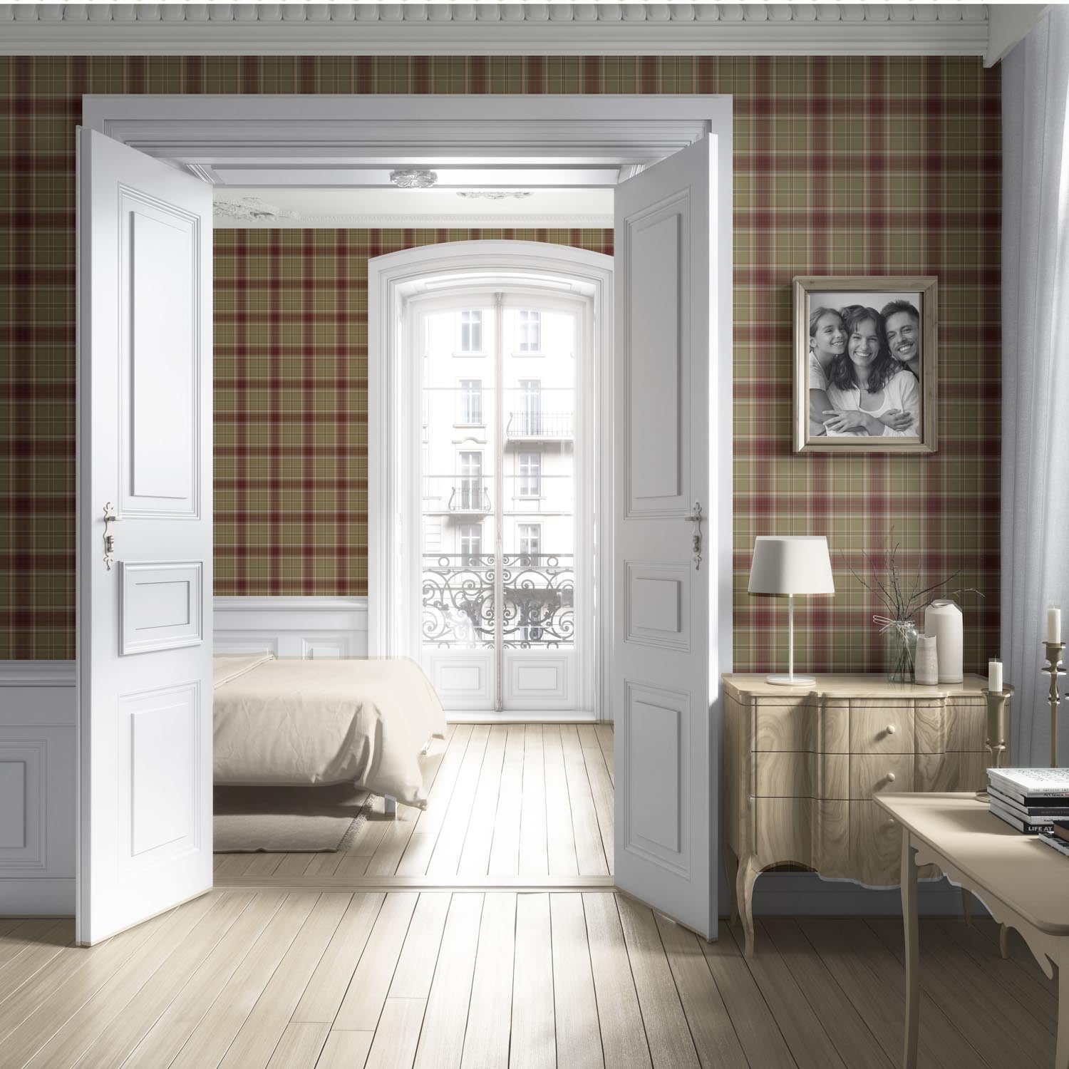 Geometric Plaid Checkered Living Room Wallpaper (Olive Green/ Brown/ Red)