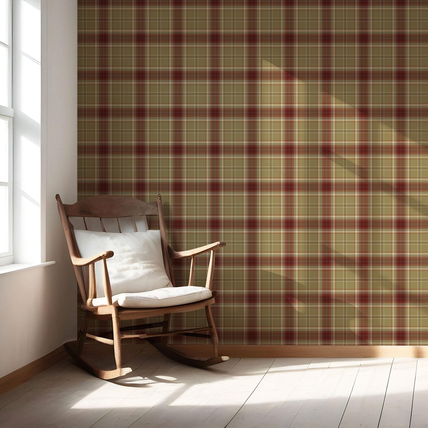 Geometric Plaid Checkered Nursery Wallpaper (Olive Green/ Brown/ Red)