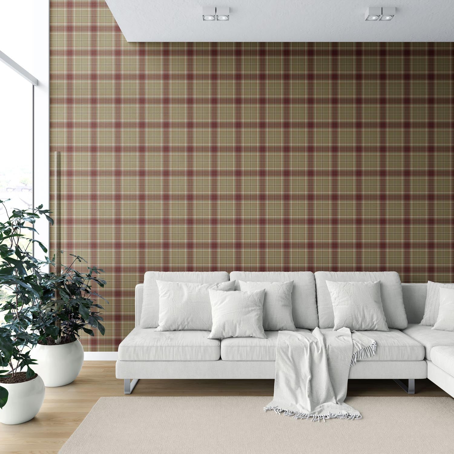 Geometric Plaid Checkered Shower Toilet Wallpaper (Olive Green/ Brown/ Red)