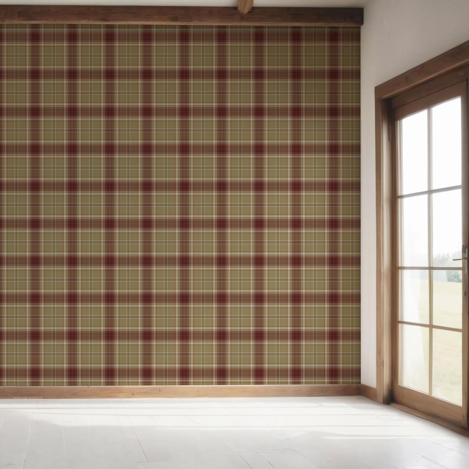 Geometric Plaid Checkered Bedroom Wallpaper (Olive Green/ Brown/ Red)