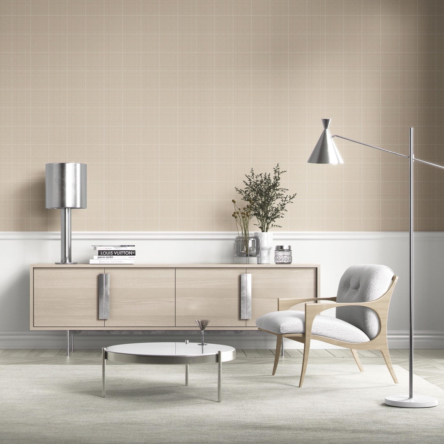 Neutral Plain/ Textured Check Kitchen Wallpaper (Buttery Beige)