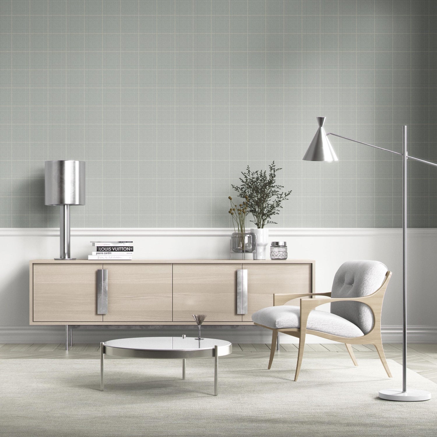 Neutral Plain/ Textured Check Kitchen Wallpaper (Sage Gray)