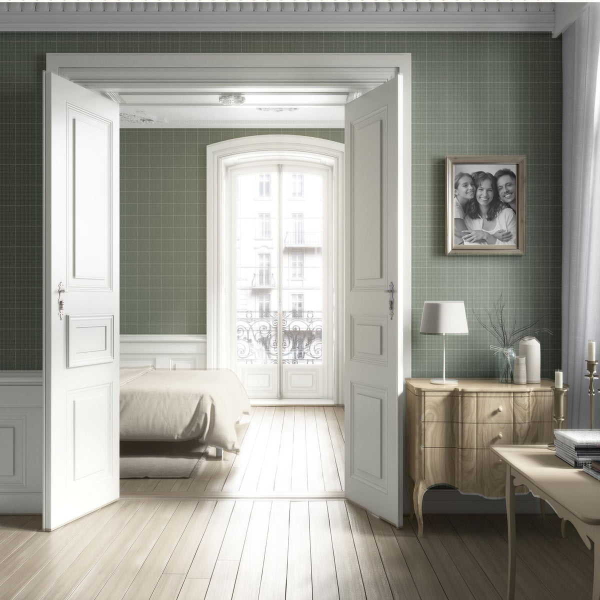 Plain/ Textured Check Living Room Wallpaper (Gray-Green)