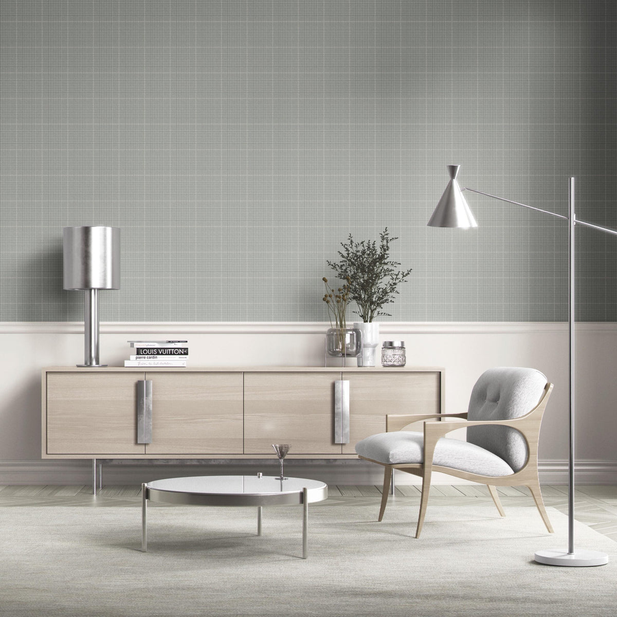 Neutral Plain/ Textured Check Kitchen Wallpaper (Sage Gray)