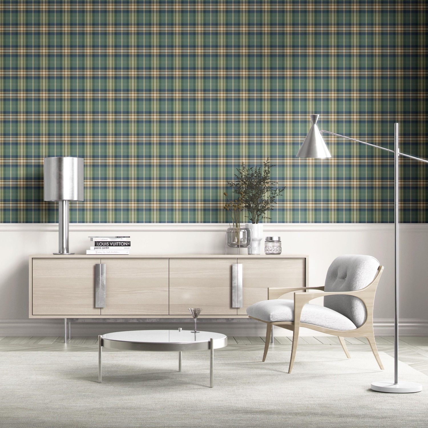 Geometric Plaid Checkered Kitchen Wallpaper (Green/ Blue/ Beige/ Brown)