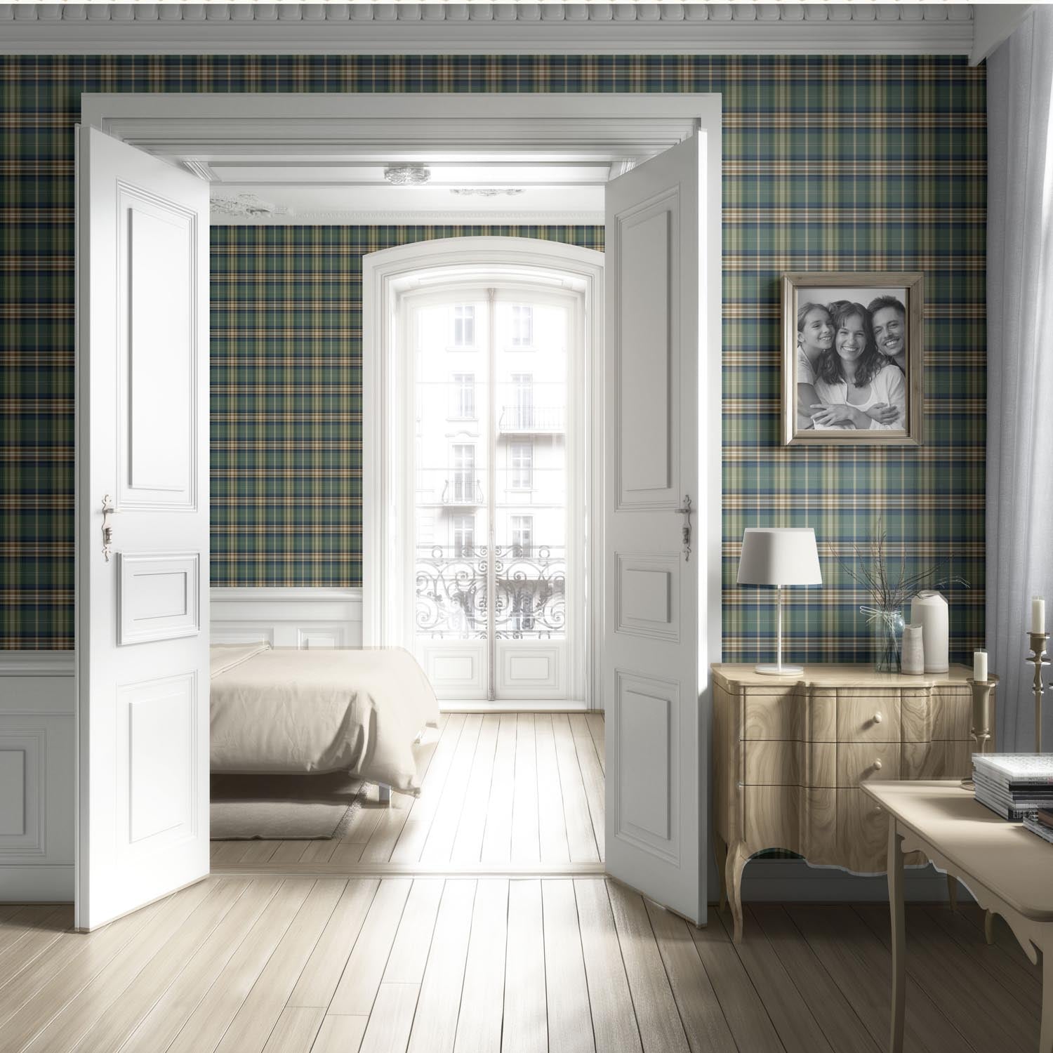 Geometric Plaid Checkered Living Room Wallpaper (Green/ Blue/ Beige/ Brown)