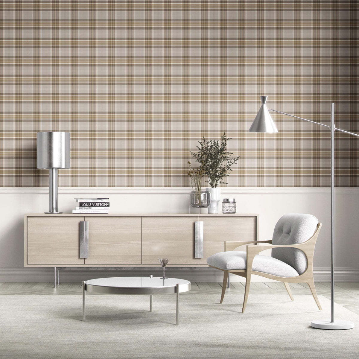 Neutral Geometric Plaid Checkered Kitchen Wallpaper (Beige/ Greige/ Taupe)