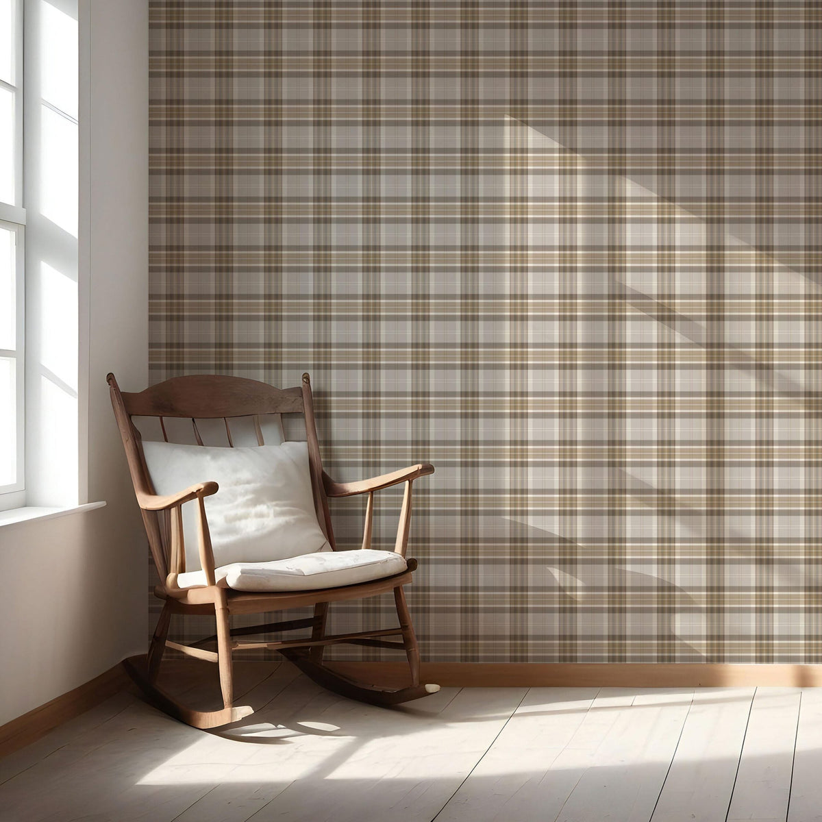 Neutral Geometric Plaid Checkered Nursery Wallpaper (Beige/ Greige/ Taupe)