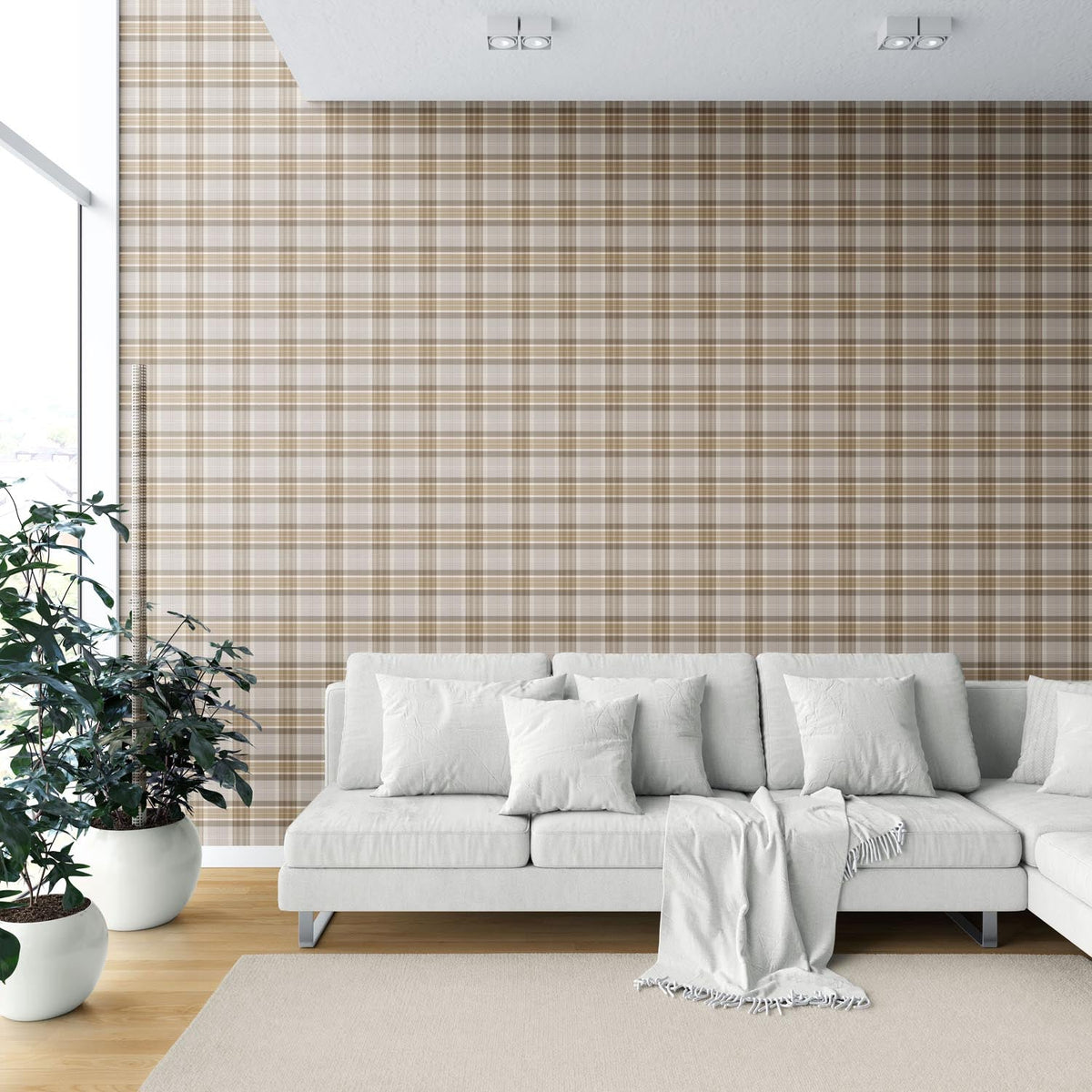 Neutral Geometric Plaid Checkered Shower Toilet Wallpaper (Beige/ Greige/ Taupe)