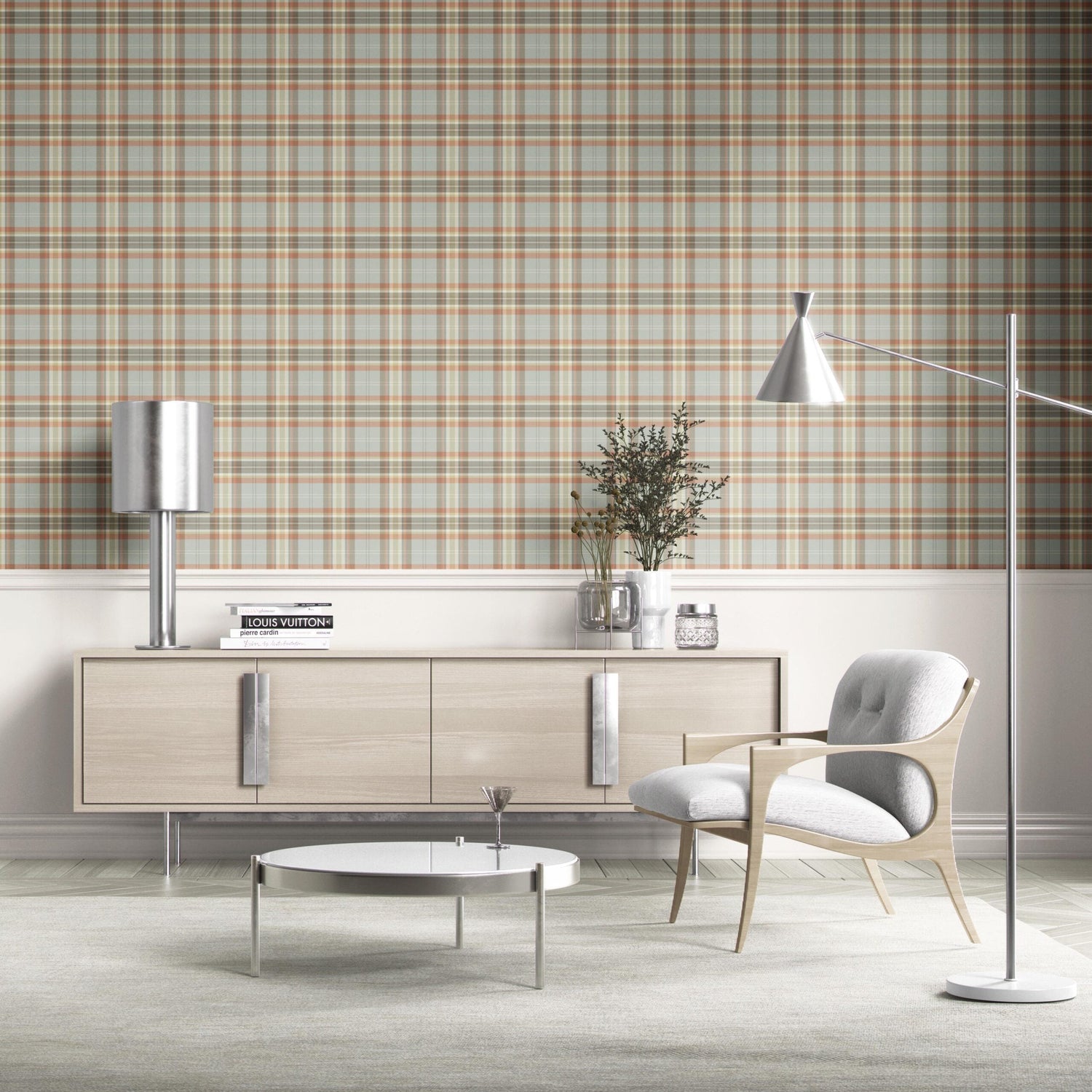 Geometric Plaid Checkered Kitchen Wallpaper (Orange/ Sage Gray/ Brown/ Cream)
