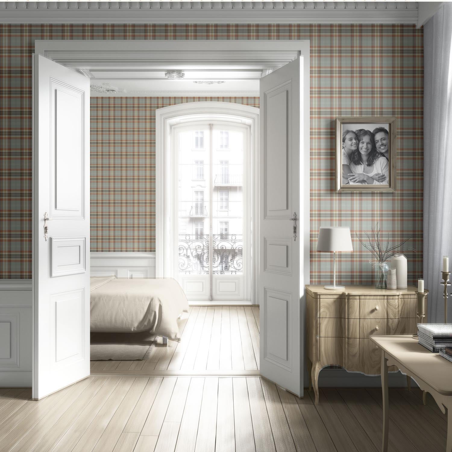 Geometric Plaid Checkered Living Room Wallpaper (Orange/ Sage Gray/ Brown/ Cream)